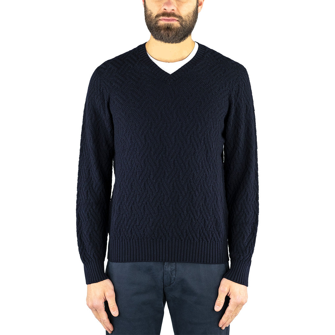 Maglia DRUMOHR Collo V in Merino Extrafine Lavorazione Jacquard Blu Scuro