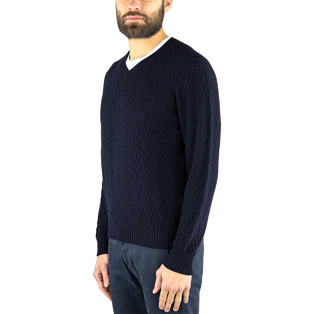 Maglia DRUMOHR Collo V in Merino Extrafine Lavorazione Jacquard Blu Scuro